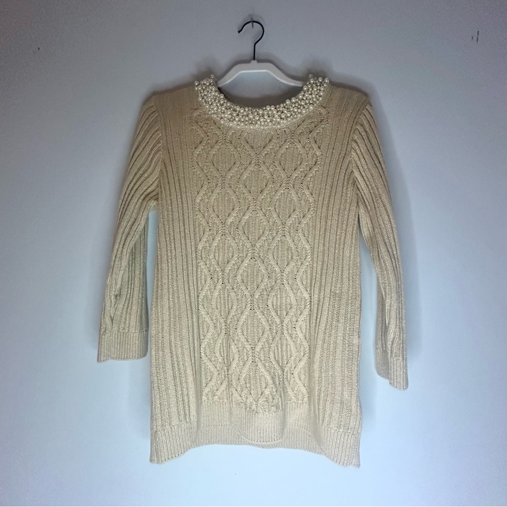 Karl Lagerfeld Paris Beige Shimmer Cable Knit Sweater with Faux Pearls Size M